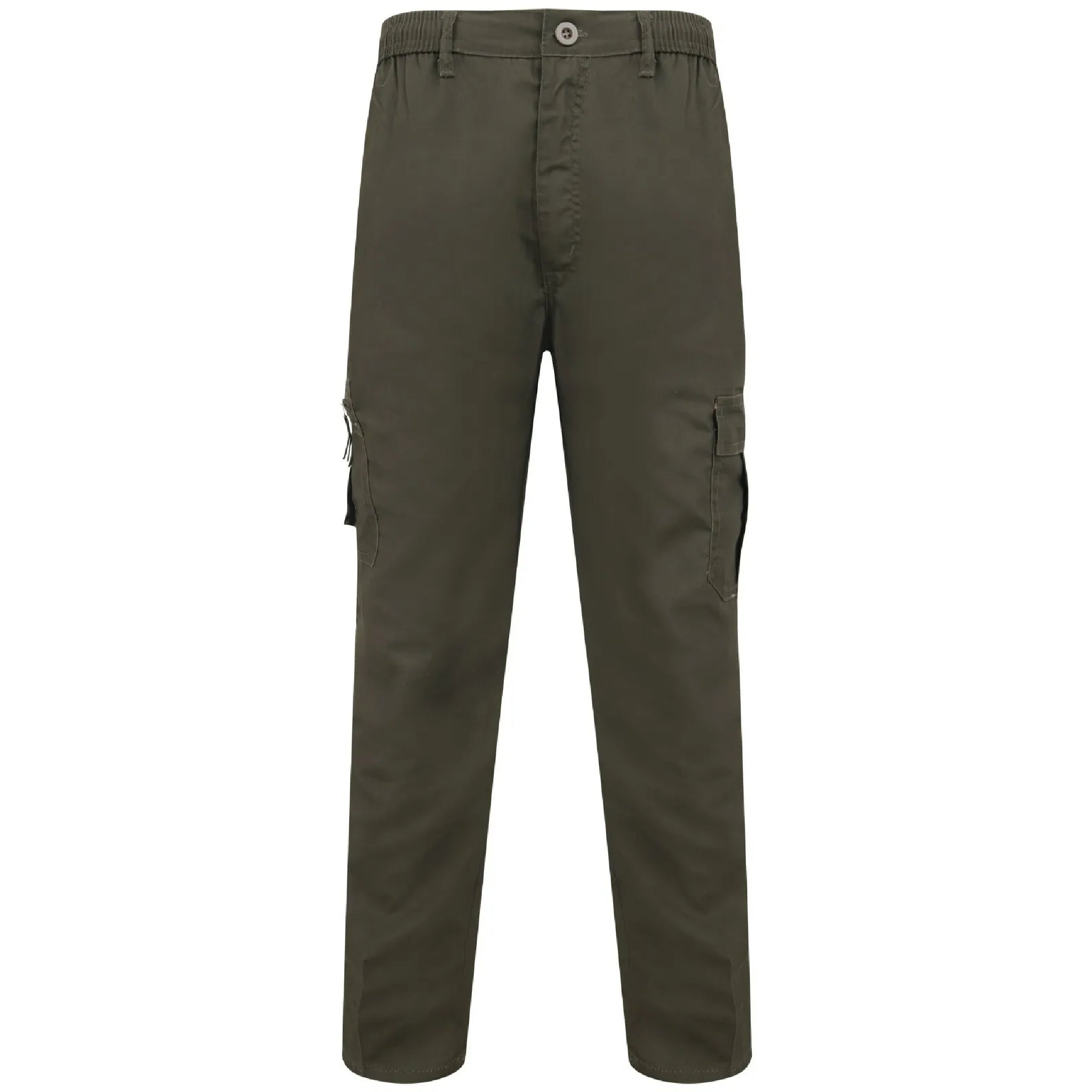 Men's dark khaki cargo utility trousers with side flap pockets, elasticated waistband, and belt loops – durable workwear or outdoor pants